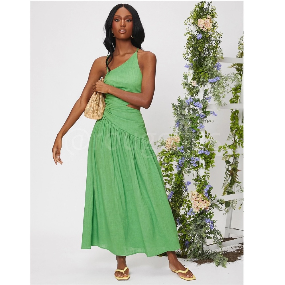 Asymmetrical Green Dress Cut Out Ruched Maxi Lace Up Back - Picture 5 of 15